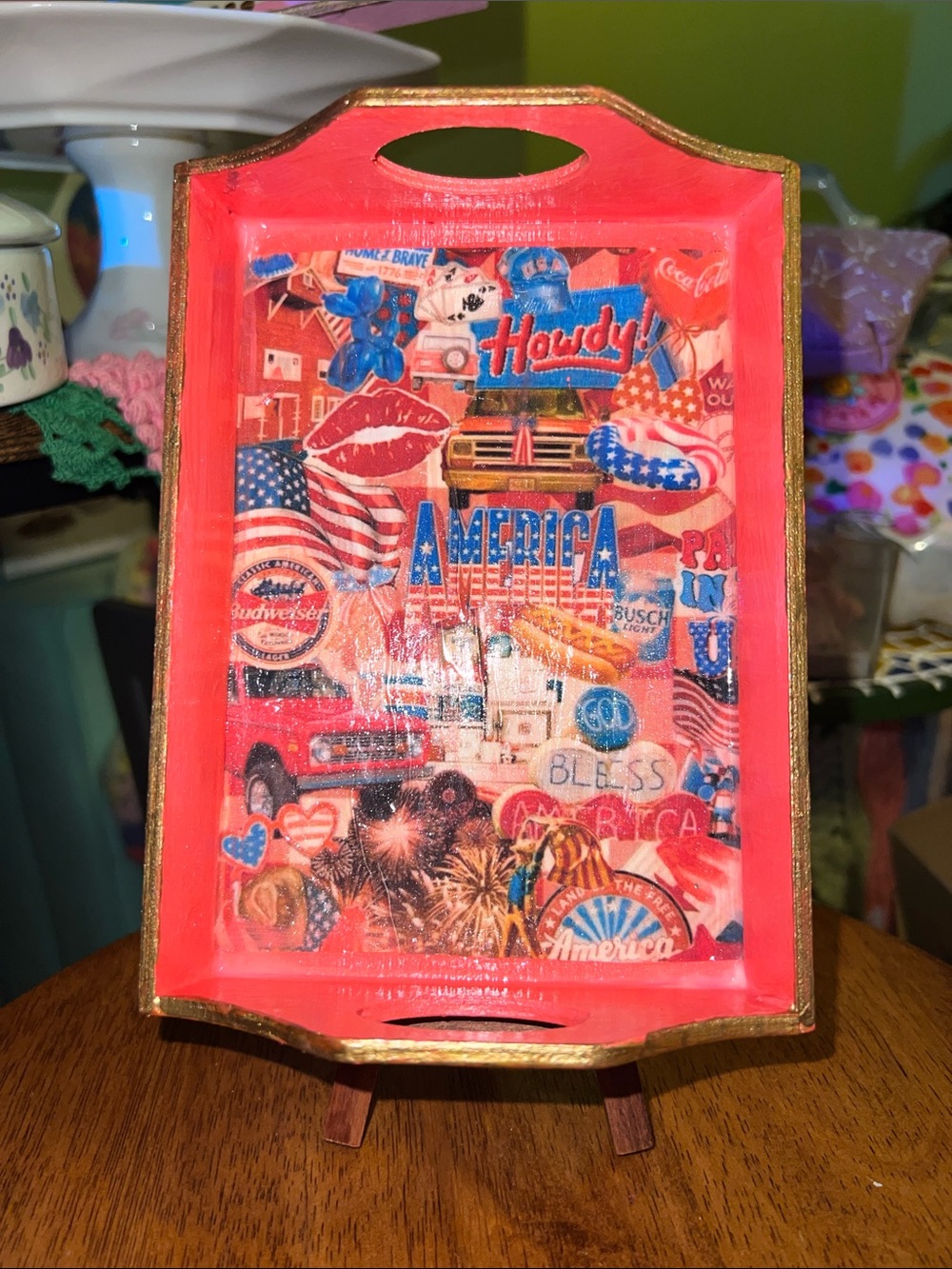 Americana Red Decorative wood handmade trinket Tray for USA 250th anniversary